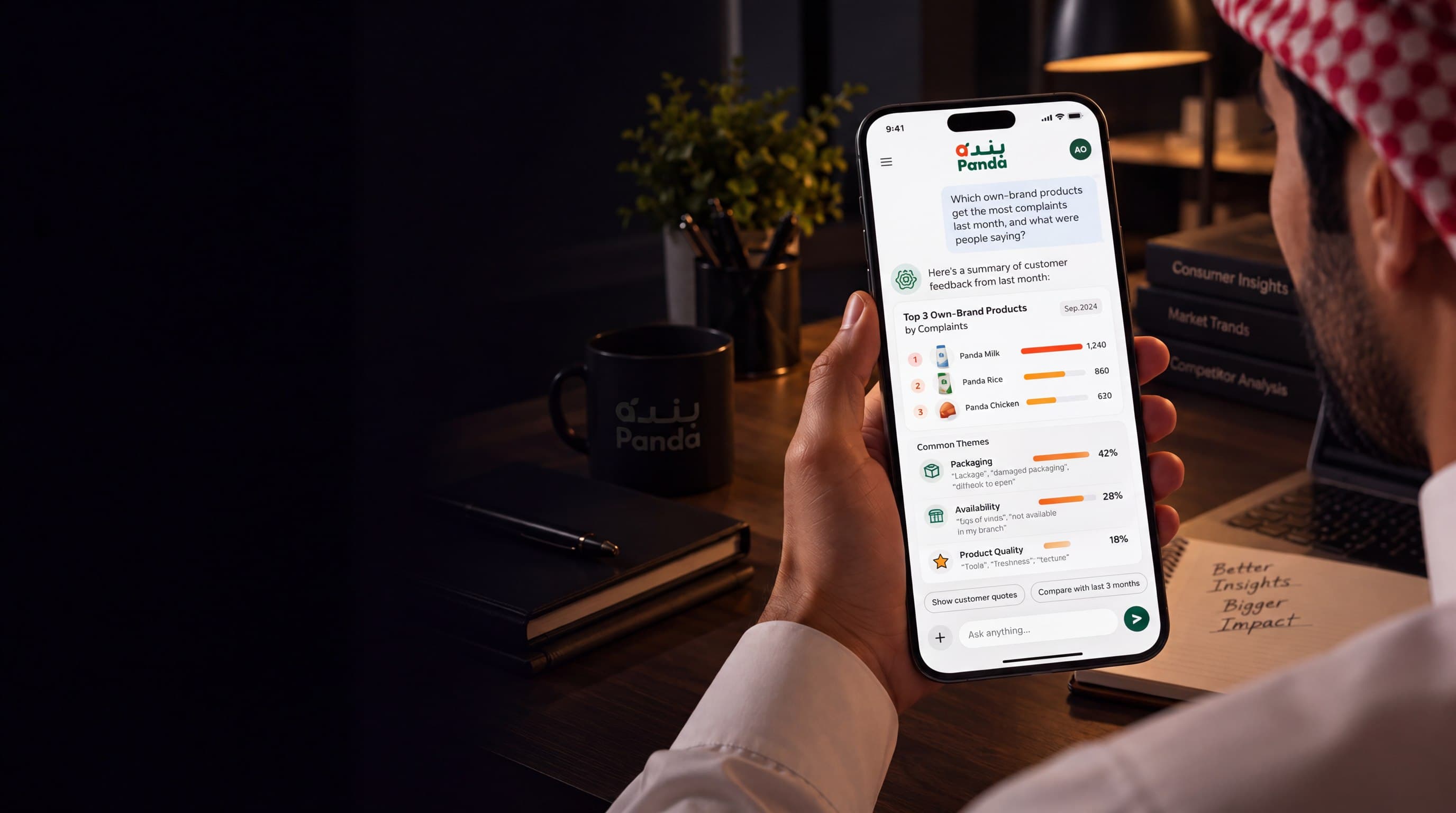 Panda chat on a phone summarising customer feedback on own-brand products